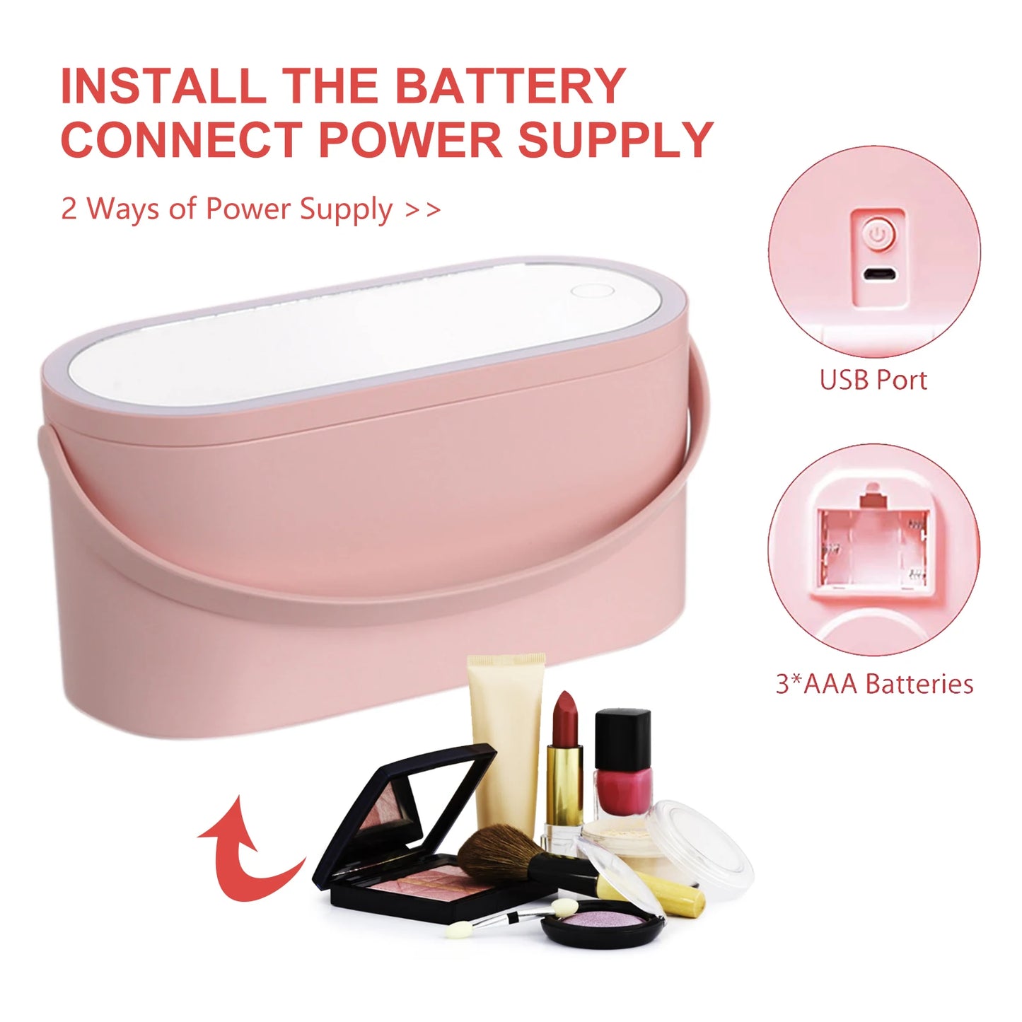 Portable Makeup Organizer Box with LED Light Mirror Travel Makeup Cosmetics Organizer Touch Light Storage Makeup Case for Girls