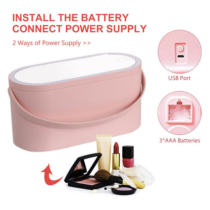 Portable Makeup Organizer Box with LED Light Mirror Travel Makeup Cosmetics Organizer Touch Light Storage Makeup Case for Girls