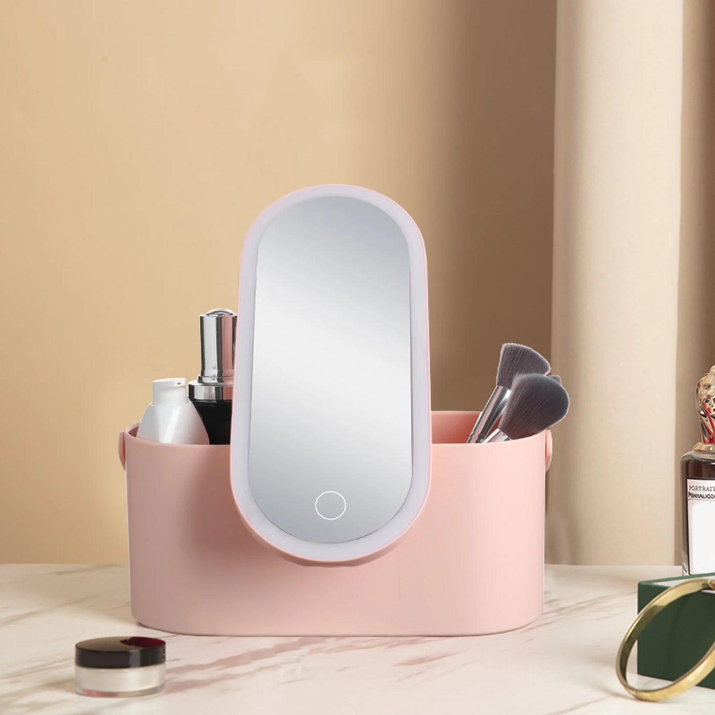 Portable Makeup Organizer Box with LED Light Mirror Travel Makeup Cosmetics Organizer Touch Light Storage Makeup Case for Girls